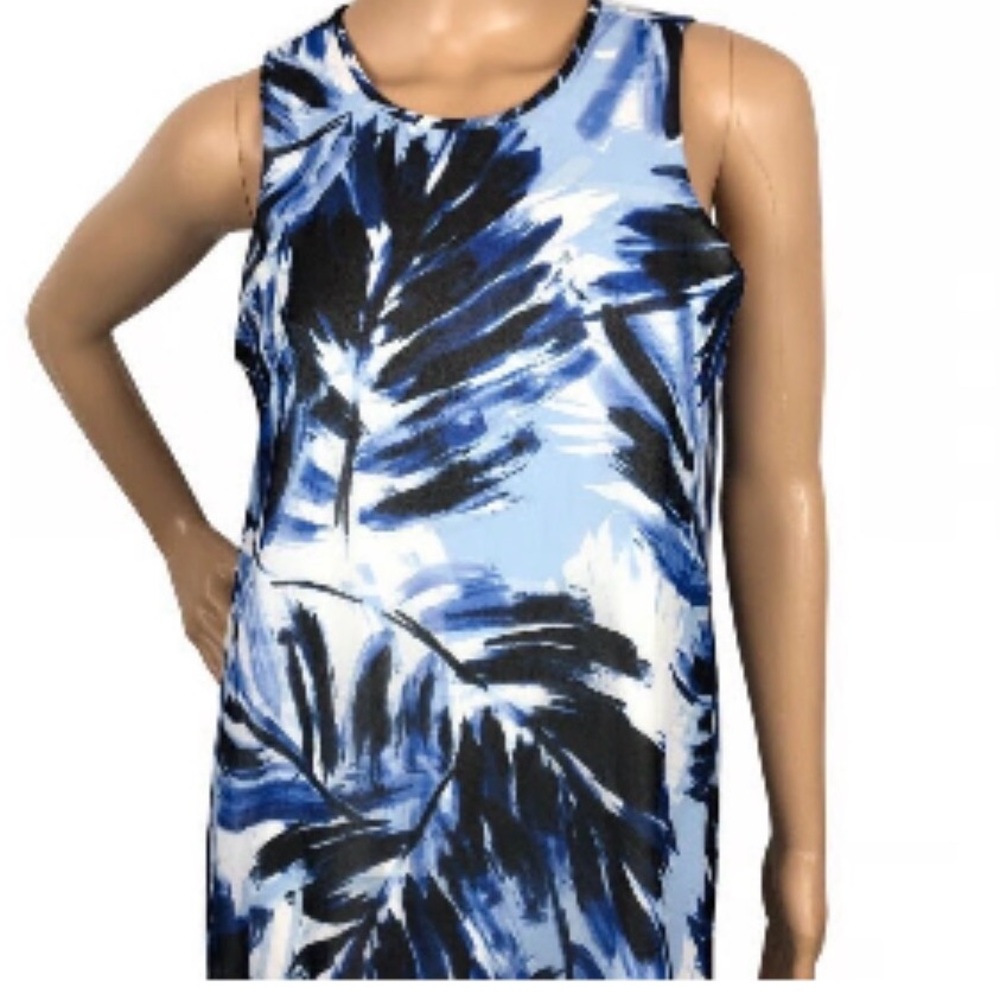 Calvin Klein Sleeveless Blue Palm-Print A-Line Dress - Picture 2 of 3
